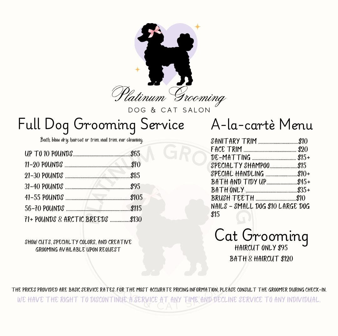 Platinum Grooming Salon Pricing Menu